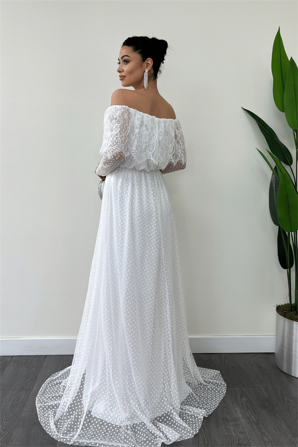 Beli Lastikli Dantelli Elbise - Beyaz - 5