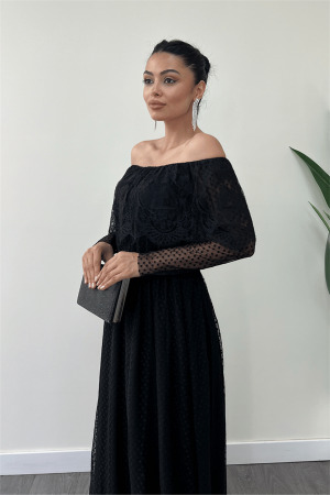 Beli Lastikli Dantelli Elbise - Siyah - 3
