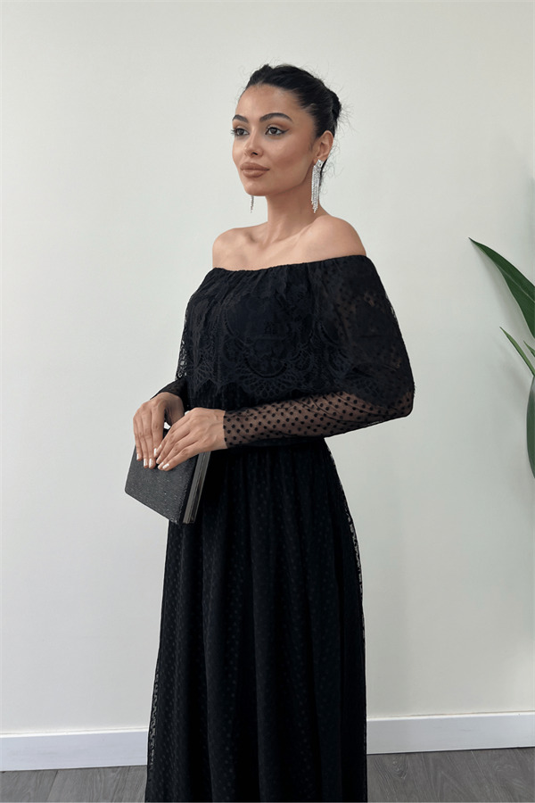 Beli Lastikli Dantelli Elbise - Siyah - 3