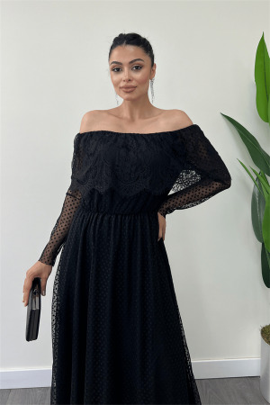 Beli Lastikli Dantelli Elbise - Siyah - 4