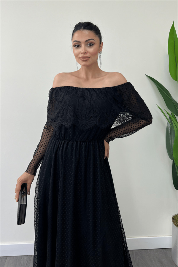Beli Lastikli Dantelli Elbise - Siyah - 4