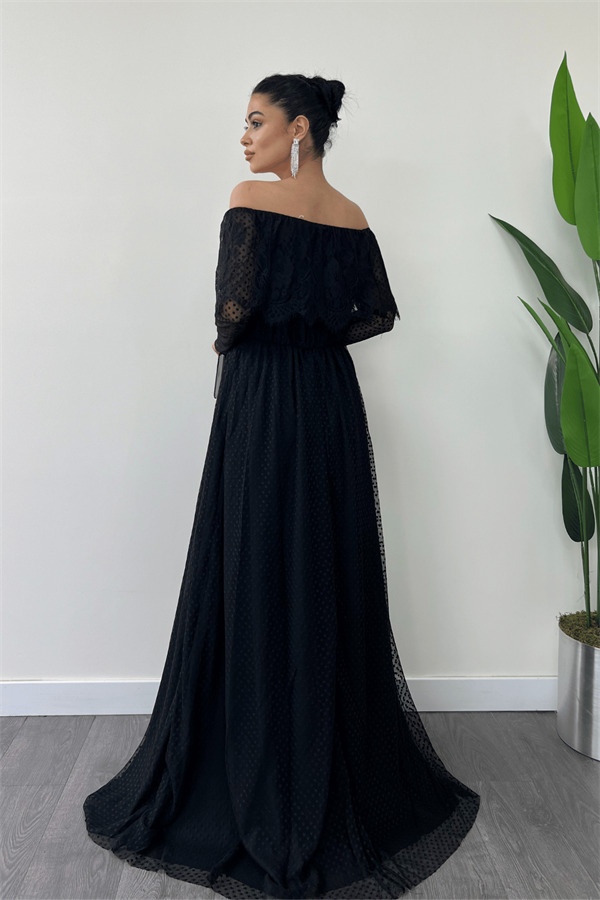 Beli Lastikli Dantelli Elbise - Siyah - 5