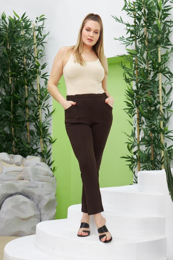 Beli Lastikli Fitilli Büyük Beden Kahve Çelik Örme Pantolon - 1