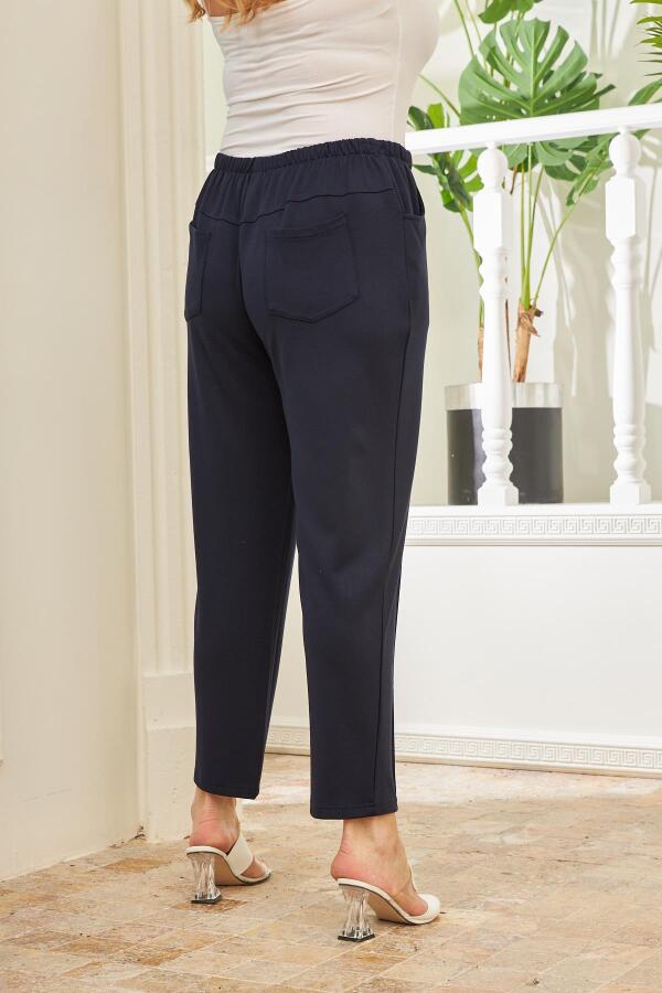 Beli Lastikli Fitilli Büyük Beden Lacivert Çelik Örme Pantolon - 4