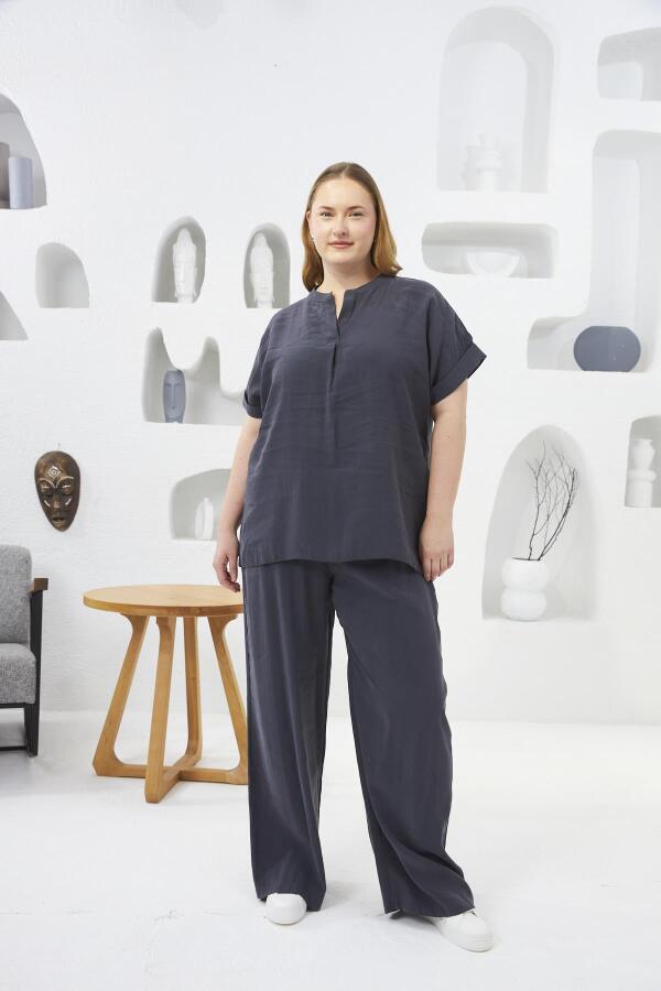 Beli Lastikli Geniş Paça Büyük Beden Pantolon Füme - 4