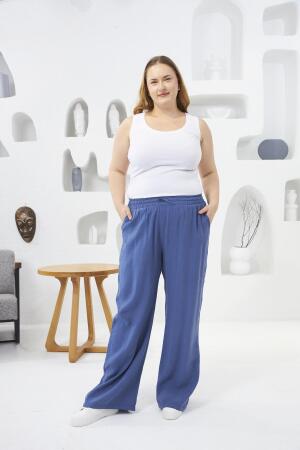 Beli Lastikli Geniş Paça Büyük Beden Pantolon İndigo - 4