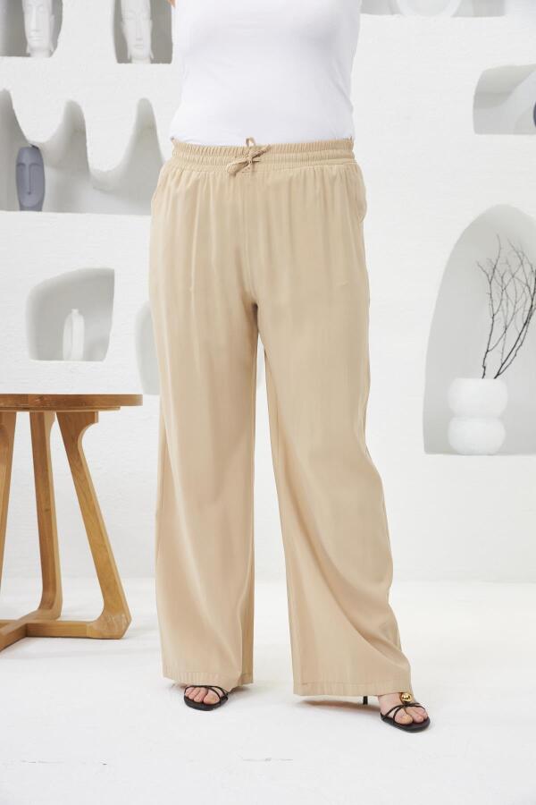 Beli Lastikli Geniş Paça Büyük Beden Pantolon Krem - 1