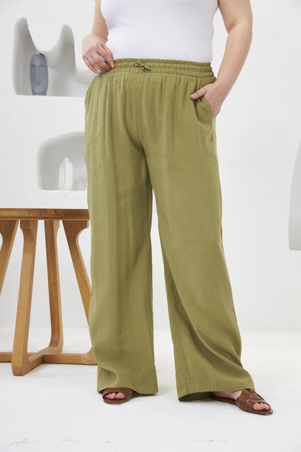 Beli Lastikli Geniş Paça Büyük Beden Pantolon Oliv - 1