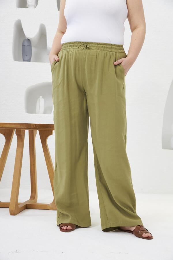 Beli Lastikli Geniş Paça Büyük Beden Pantolon Oliv - 3