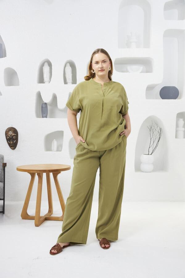 Beli Lastikli Geniş Paça Büyük Beden Pantolon Oliv - 4