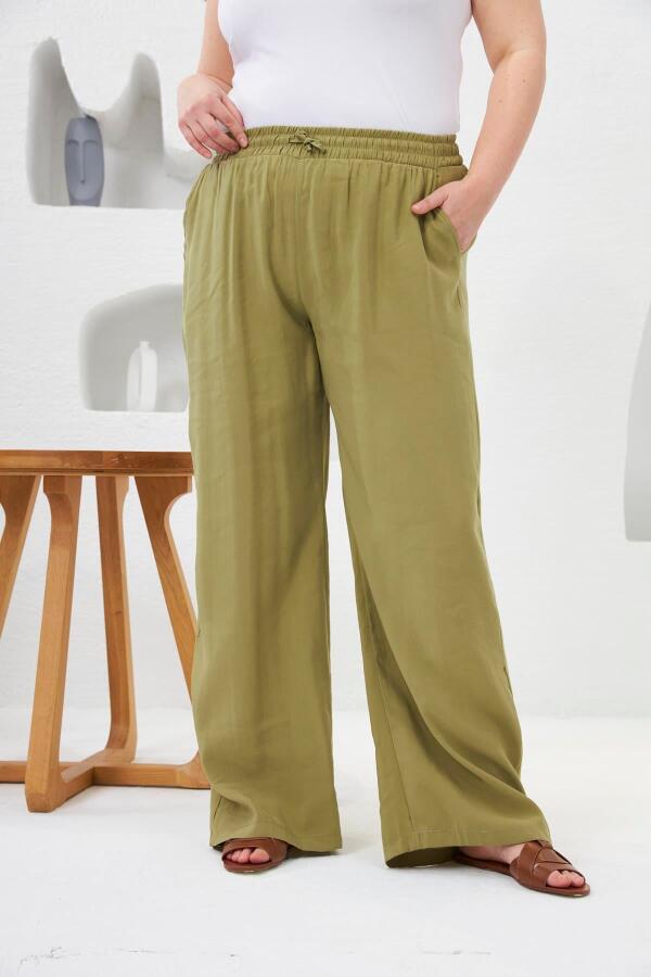Beli Lastikli Geniş Paça Büyük Beden Pantolon Oliv - 1