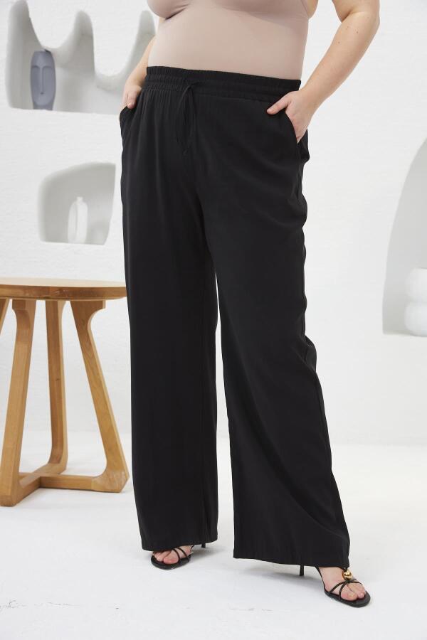 Beli Lastikli Geniş Paça Büyük Beden Pantolon Siyah - 3