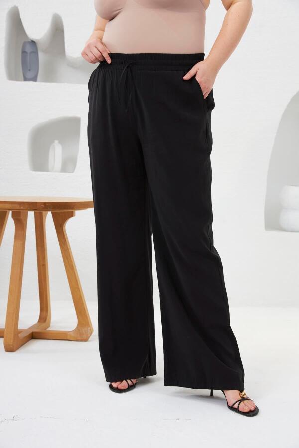 Beli Lastikli Geniş Paça Büyük Beden Pantolon Siyah - 1
