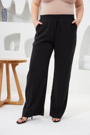 Beli Lastikli Geniş Paça Büyük Beden Pantolon Siyah - 4