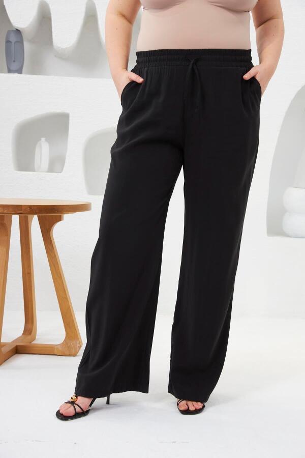 Beli Lastikli Geniş Paça Büyük Beden Pantolon Siyah - 4