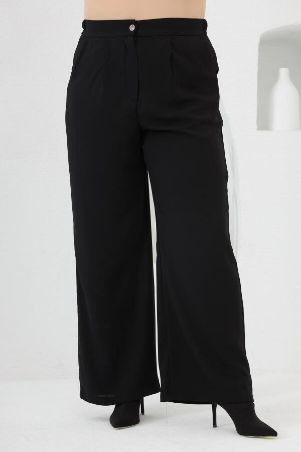 Beli Lastikli Geniş Paça Büyük Beden Pantolon Siyah - 1