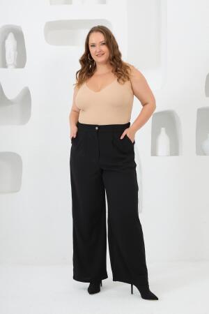 Beli Lastikli Geniş Paça Büyük Beden Pantolon Siyah - 6