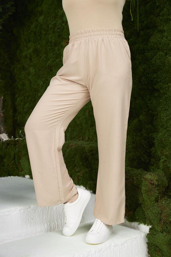 Beli Lastikli Geniş Paça Büyük Beden Vizon Pantolon - 3