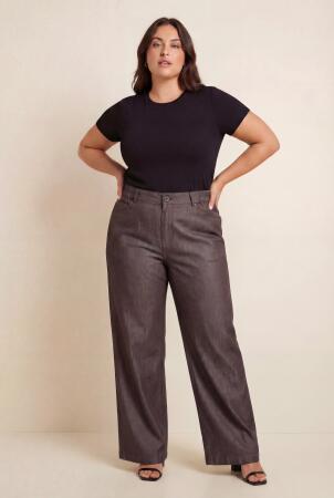 Beli Lastikli Kot Görünümlü Kadın Büyük Beden Kumaş Pantolon Kahve - RMG (1)