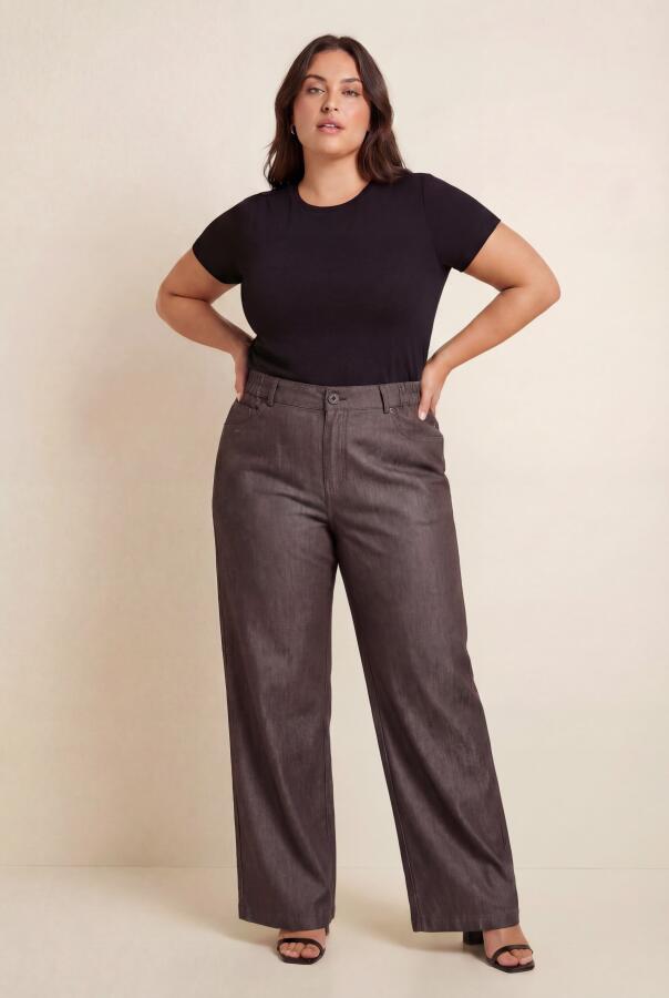 Beli Lastikli Kot Görünümlü Kadın Büyük Beden Kumaş Pantolon Kahve - 2