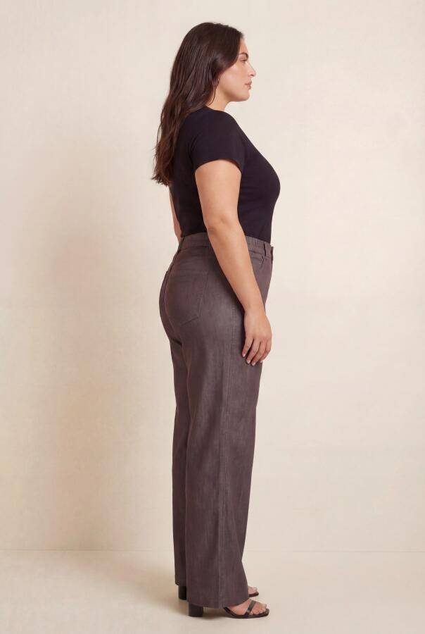 Beli Lastikli Kot Görünümlü Kadın Büyük Beden Kumaş Pantolon Kahve - 3