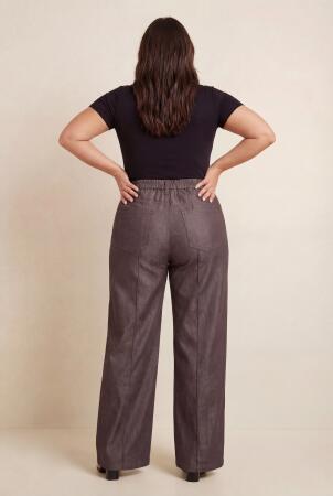 Beli Lastikli Kot Görünümlü Kadın Büyük Beden Kumaş Pantolon Kahve - 4