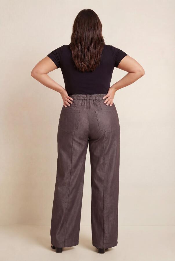 Beli Lastikli Kot Görünümlü Kadın Büyük Beden Kumaş Pantolon Kahve - 4