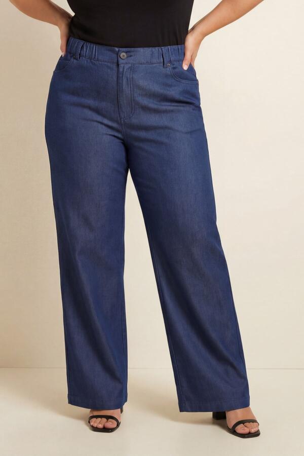 Beli Lastikli Kot Görünümlü Kadın Büyük Beden Kumaş Pantolon Mavi - 1