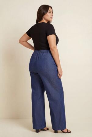 Beli Lastikli Kot Görünümlü Kadın Büyük Beden Kumaş Pantolon Mavi - RMG (1)