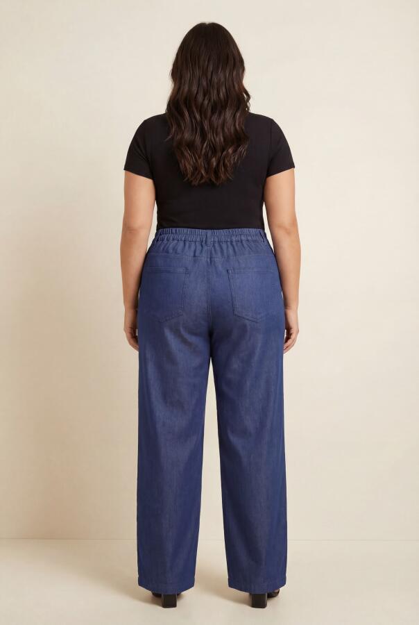 Beli Lastikli Kot Görünümlü Kadın Büyük Beden Kumaş Pantolon Mavi - 3