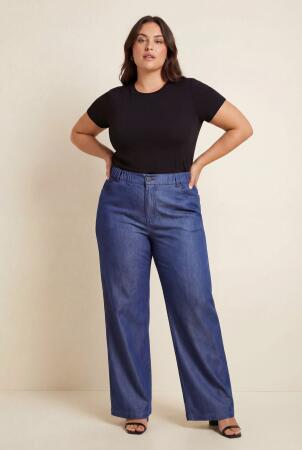 Beli Lastikli Kot Görünümlü Kadın Büyük Beden Kumaş Pantolon Mavi - 4