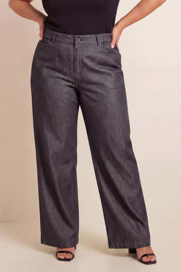 Beli Lastikli Kot Görünümlü Kadın Büyük Beden Kumaş Pantolon Siyah - 1