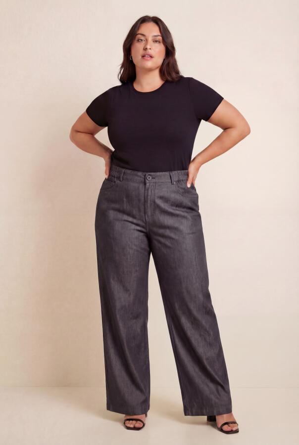 Beli Lastikli Kot Görünümlü Kadın Büyük Beden Kumaş Pantolon Siyah - 2