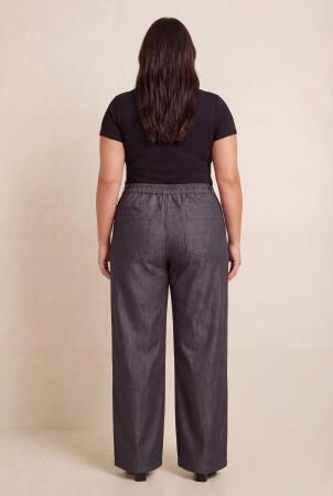 Beli Lastikli Kot Görünümlü Kadın Büyük Beden Kumaş Pantolon Siyah - 3