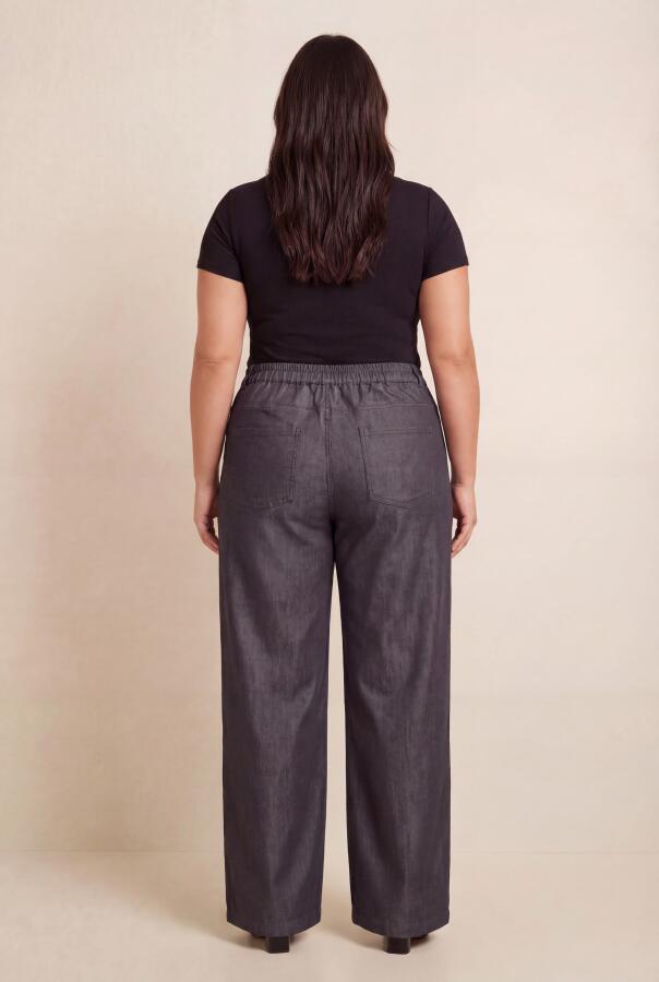 Beli Lastikli Kot Görünümlü Kadın Büyük Beden Kumaş Pantolon Siyah - 3