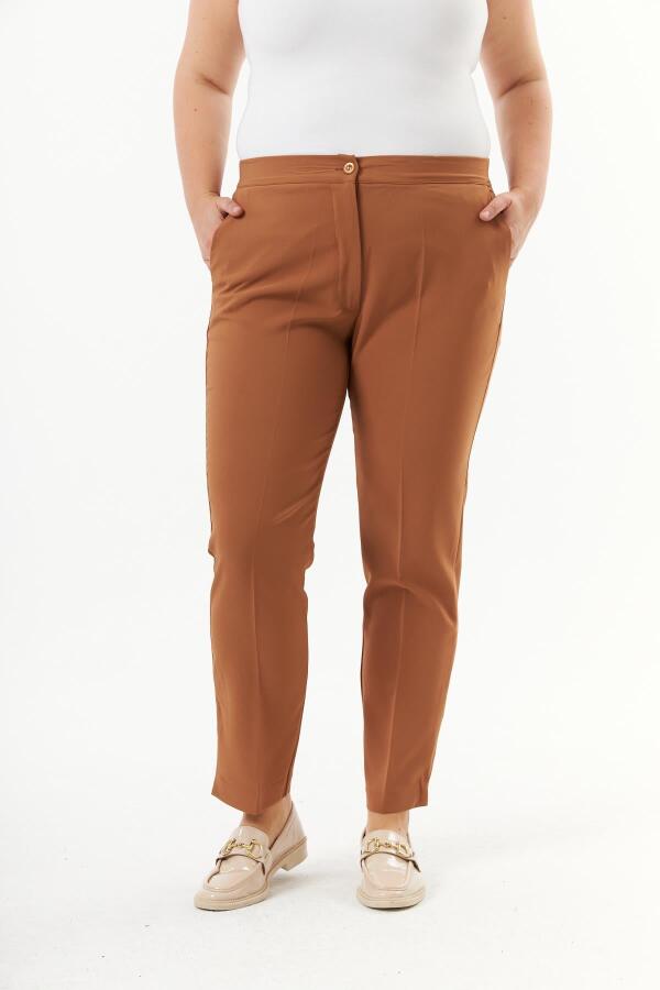 Beli Lastikli Paça Yırtmaç Detaylı Büyük Beden Kumaş Pantolon Camel - 1