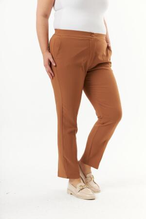 Beli Lastikli Paça Yırtmaç Detaylı Büyük Beden Kumaş Pantolon Camel - 2