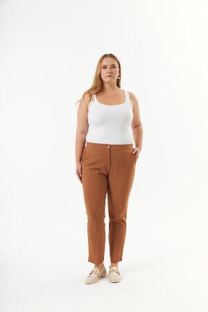Beli Lastikli Paça Yırtmaç Detaylı Büyük Beden Kumaş Pantolon Camel - 4