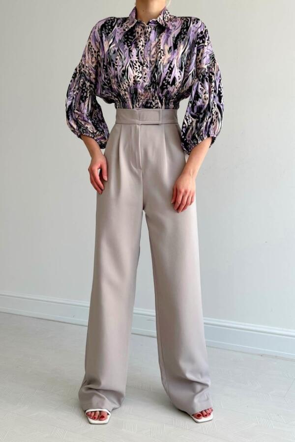 Beli Lastikli Saten Gömlek - Lila - 1