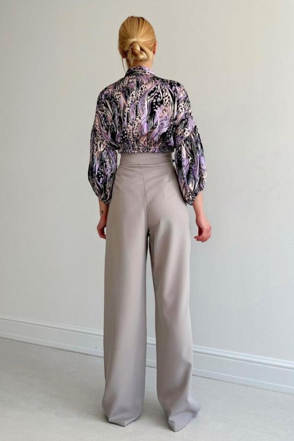 Beli Lastikli Saten Gömlek - Lila - 3