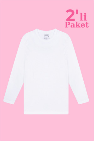 Beyaz 2'li Kız Çocuk Tişört Uzun Kollu %100 Pamuk Ribana - 1