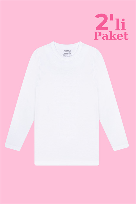 Beyaz 2'li Kız Çocuk Tişört Uzun Kollu %100 Pamuk Ribana - 1
