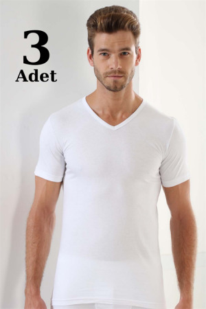 Beyaz 3'lü Paket Erkek V Yaka T-Shirt Kısa Kollu %100 Pamuk - 1