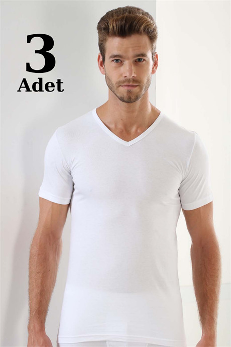 Beyaz 3'lü Paket Erkek V Yaka T-Shirt Kısa Kollu %100 Pamuk - 1