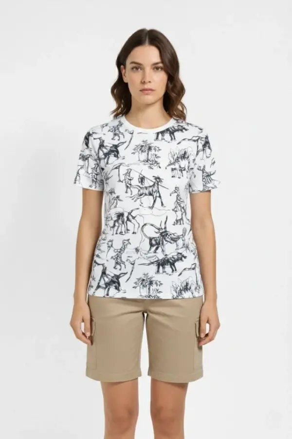 Beyaz Dinozor Desenli Tişört – Regular Kalıp, Bisiklet Yaka, Dijital Baskılı Pamuklu T-Shirt - Beyaz - 2