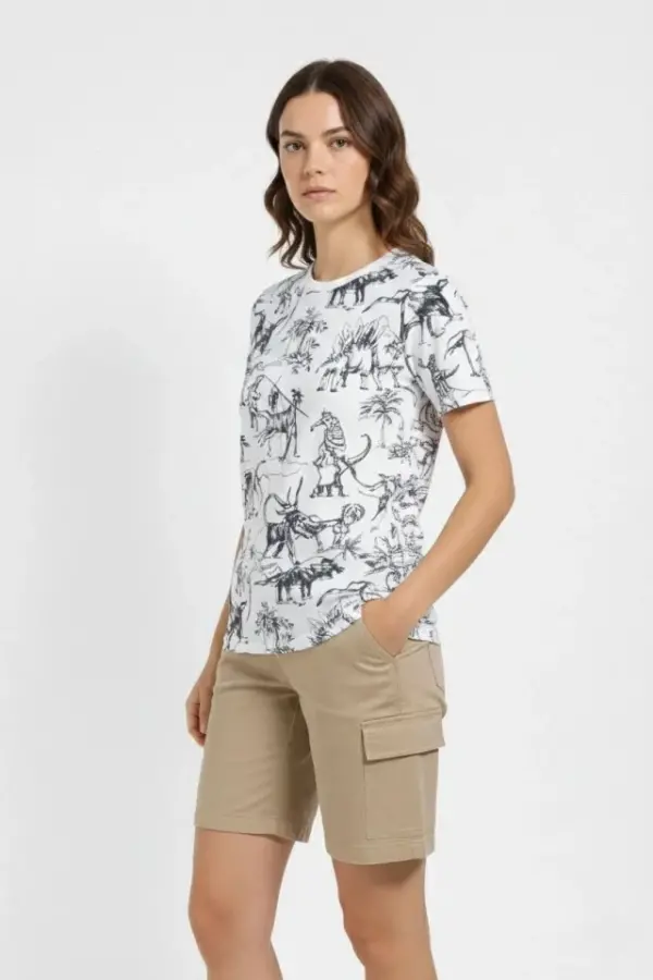 Beyaz Dinozor Desenli Tişört – Regular Kalıp, Bisiklet Yaka, Dijital Baskılı Pamuklu T-Shirt - Beyaz - 3