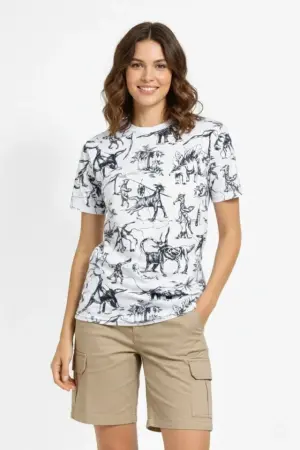 Beyaz Dinozor Desenli Tişört – Regular Kalıp, Bisiklet Yaka, Dijital Baskılı Pamuklu T-Shirt - Beyaz - 4