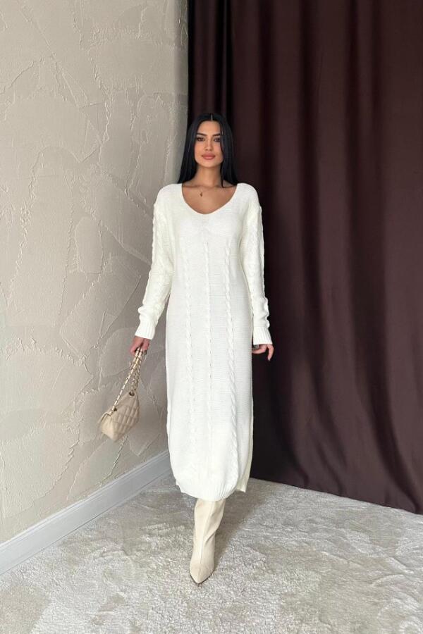 Beyaz Kemerli Triko Elbise - 3