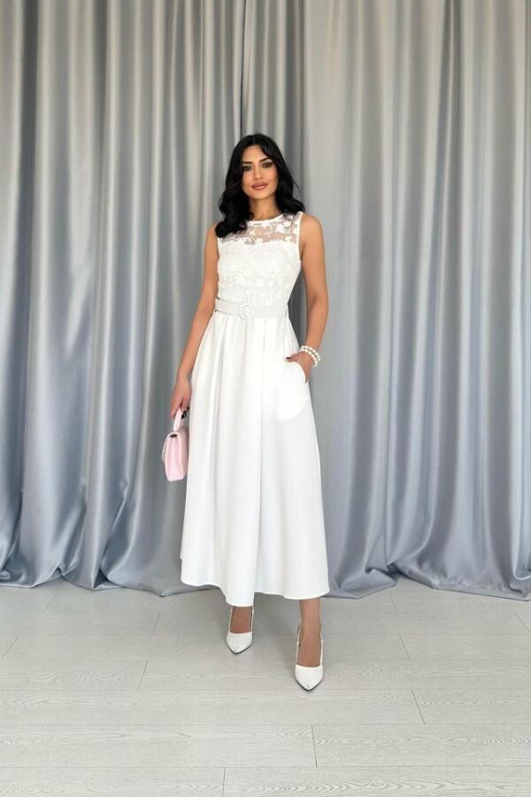 Beyaz Önü Dantel Detaylı Kemerli Elbise - 2