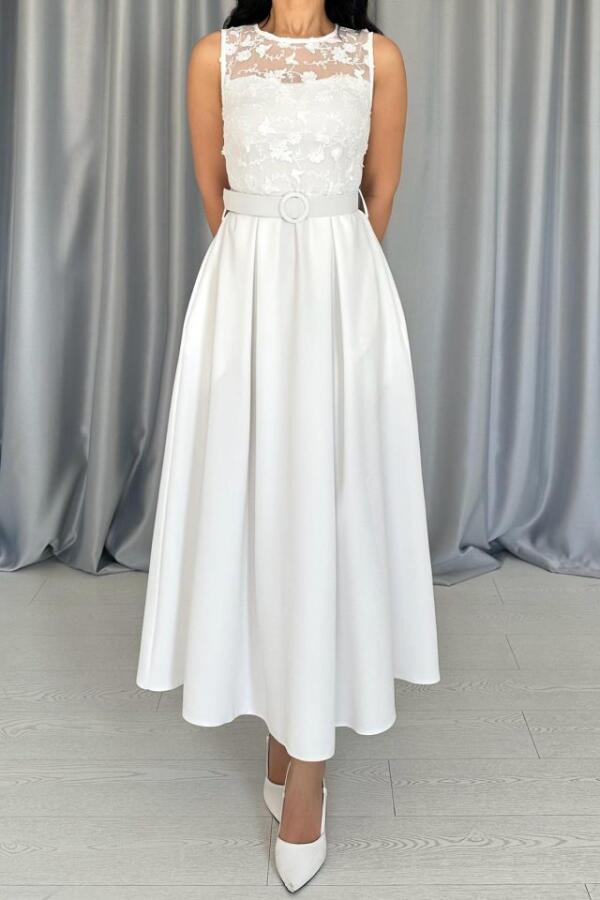 Beyaz Önü Dantel Detaylı Kemerli Elbise - 3